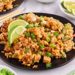 fried rice with tofu, lime, green onions, peas, asian