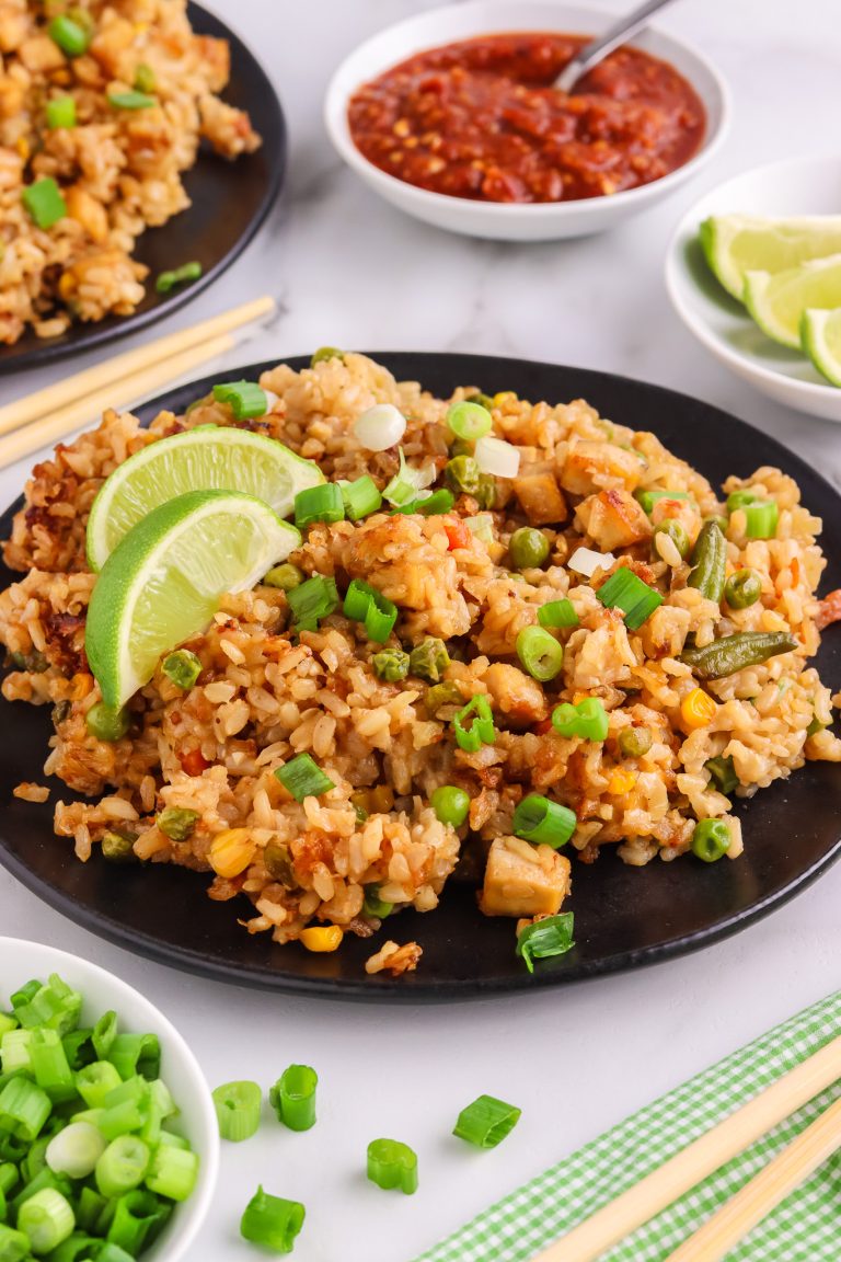 fried rice with tofu, lime, green onions, peas, asian